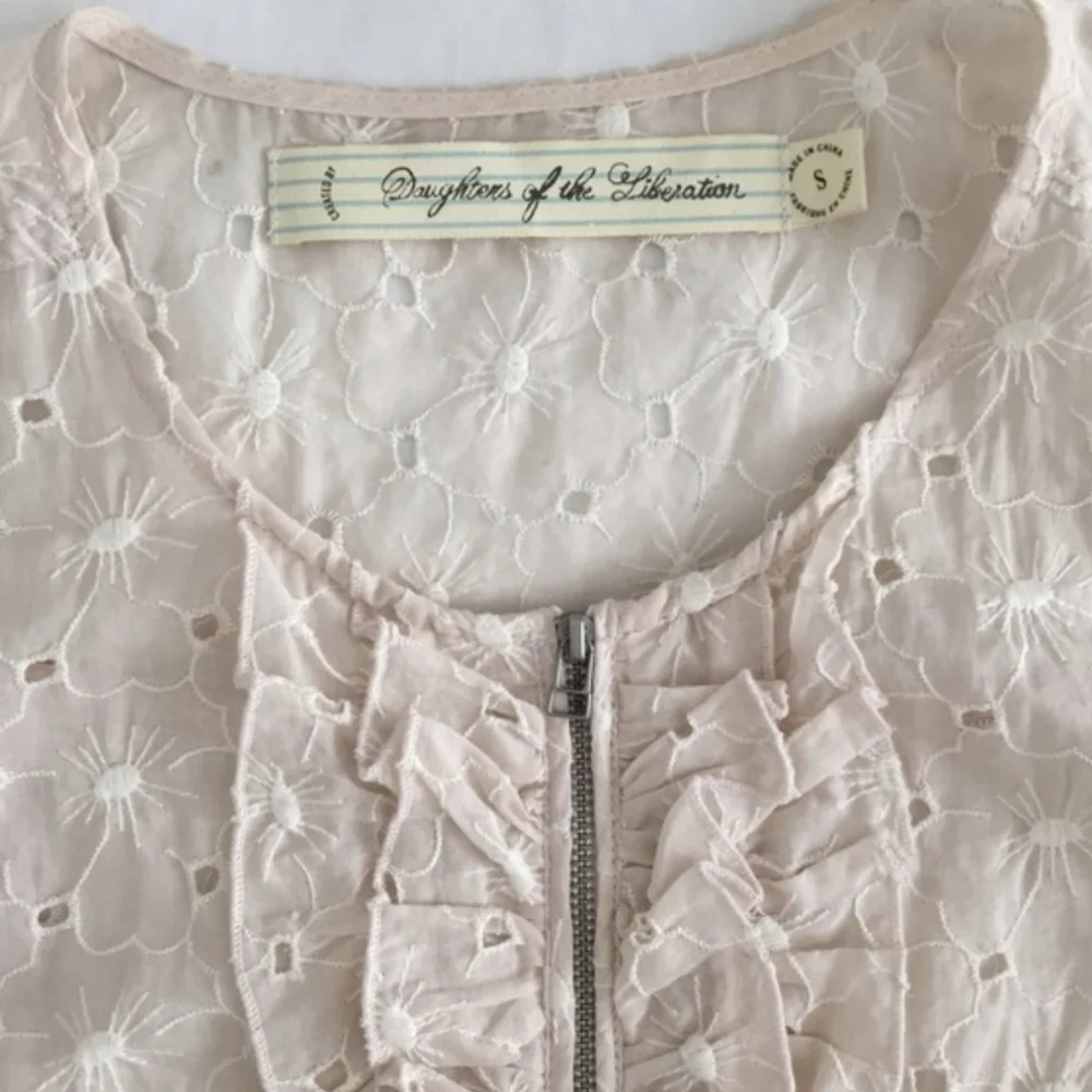 Anthropologie Cream Eyelet Ruffle Zip-Front Blouse